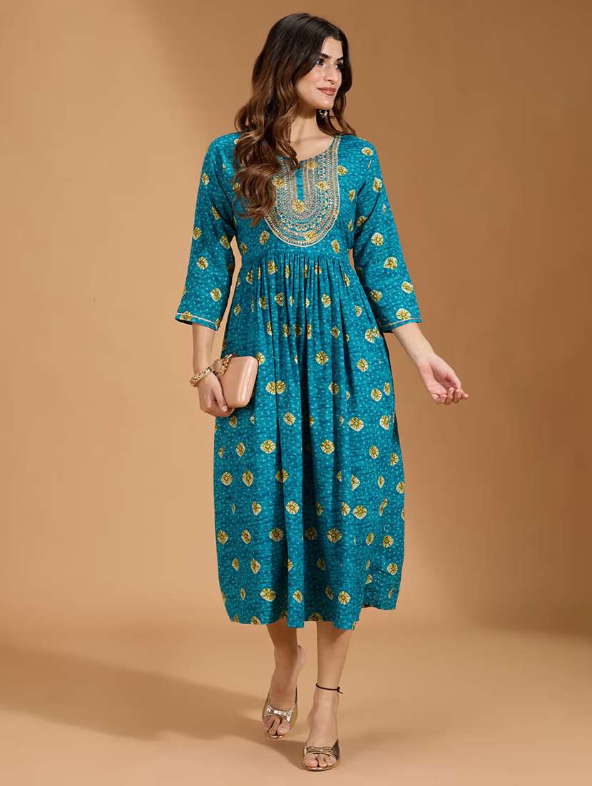 women printed three quarter sleeve a-line ethnic dress