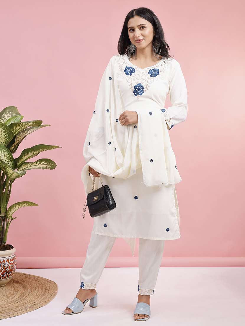 women solid with work three quarter sleeve kurta pant with dupatta set - 22282294 -  Standard Image - 1