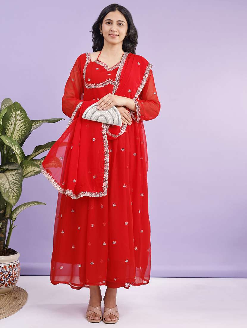 women solid with work long sleeve kurta with dupatta set - 22282296 -  Standard Image - 1