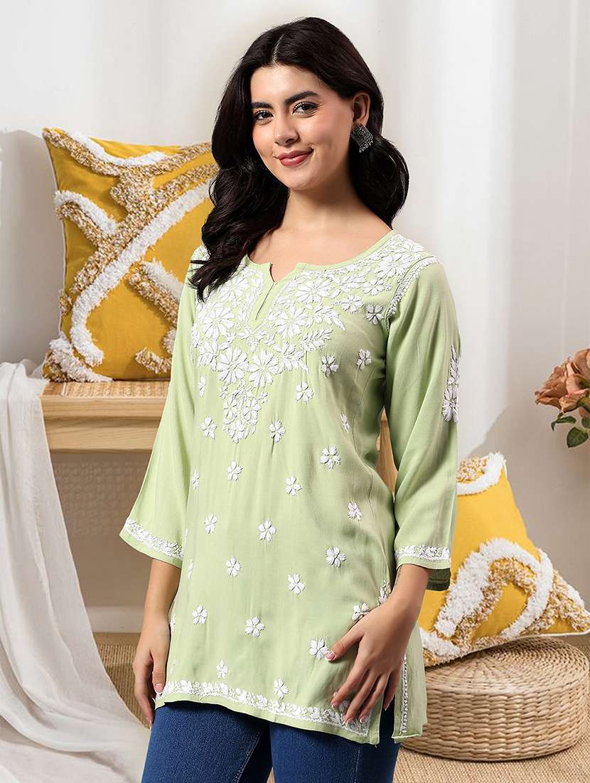 Women Solid With Work Three Quarter Sleeve Straight Kurti - 22282299 -  Standard Image - 1