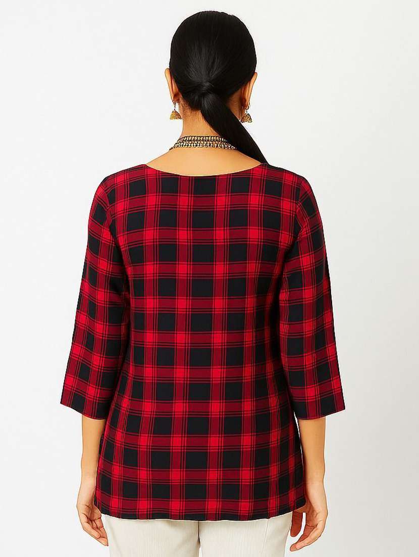 women checkered three quarter sleeve straight kurti - 22282321 -  Standard Image - 1