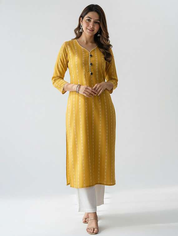 women self design three quarter sleeve straight kurta