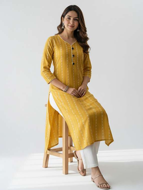 women self design three quarter sleeve straight kurta - 22282328 -  Standard Image - 1