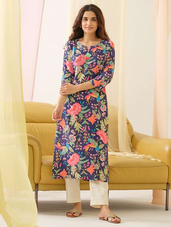 women floral three quarter sleeve straight kurta - 22282336 -  Standard Image - 1