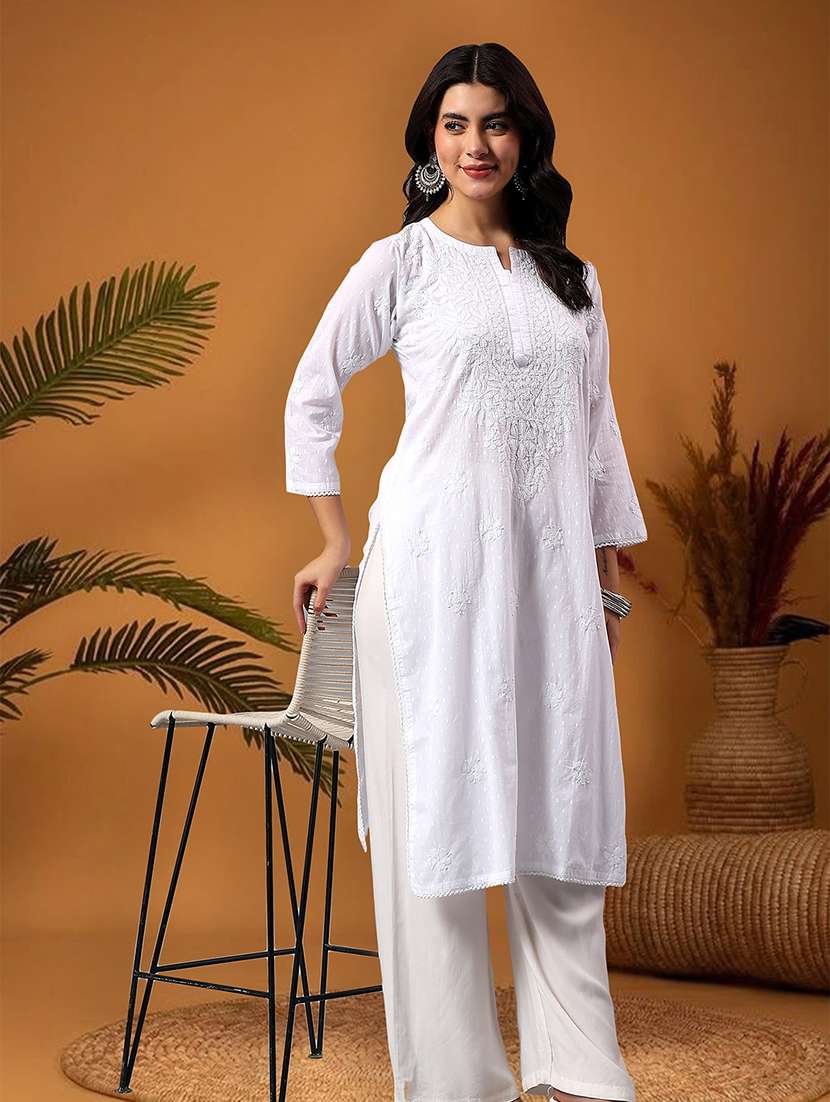 women solid with work three quarter sleeve straight kurta - 22282338 -  Standard Image - 1