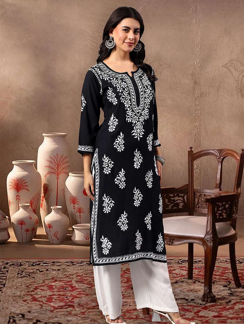 women solid with work three quarter sleeve straight kurta - 22282340 -  Standard Image - 1