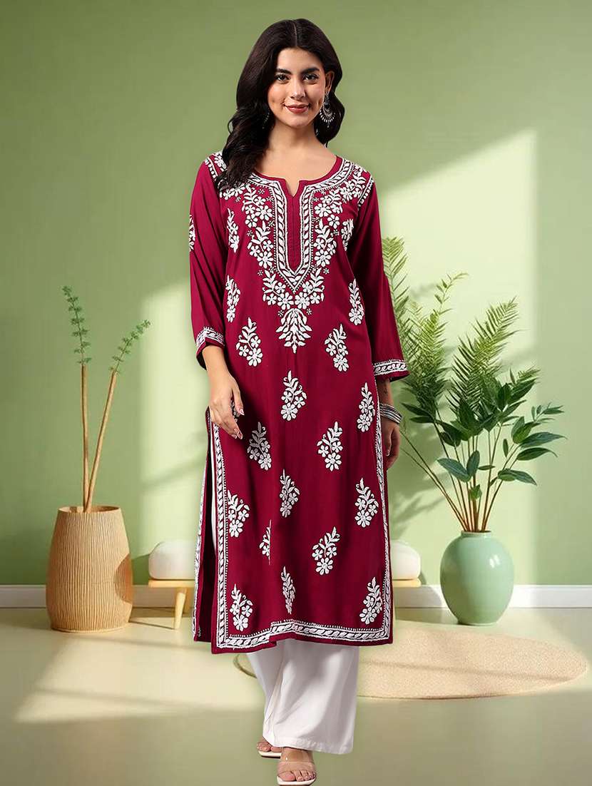 women solid with work three quarter sleeve straight kurta - 22282341 -  Standard Image - 1