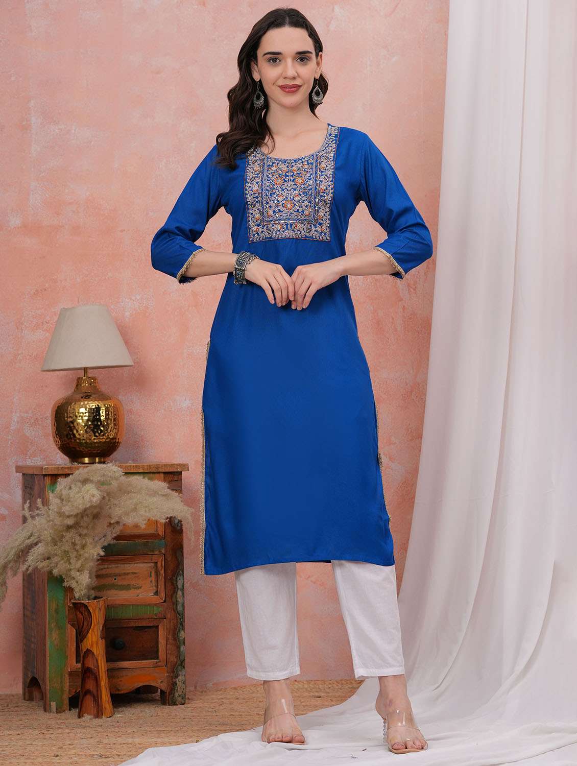women solid with work three quarter sleeve straight kurta - 22282368 -  Standard Image - 1