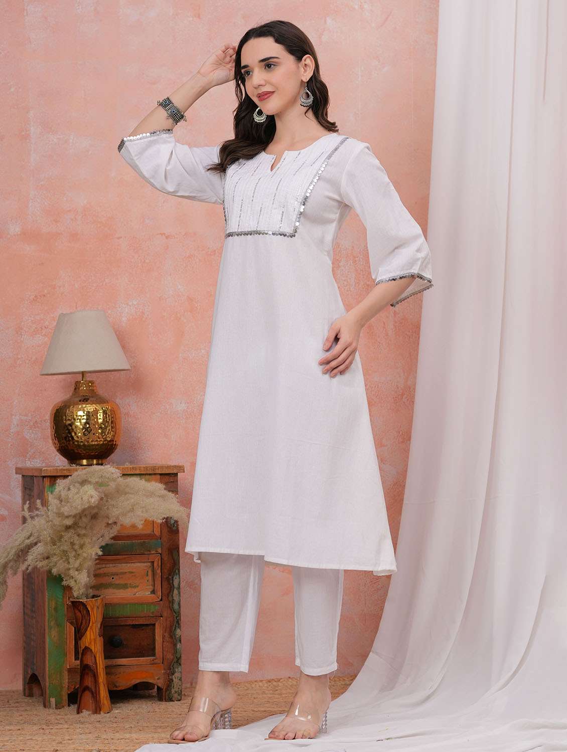 women solid with work three quarter sleeve a-line kurta - 22282370 -  Standard Image - 1