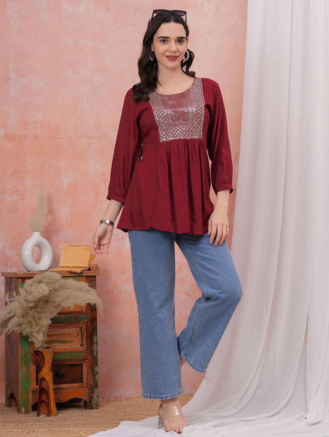 women solid with work three quarter sleeve a-line tunic - 22282371 -  Standard Image - 4