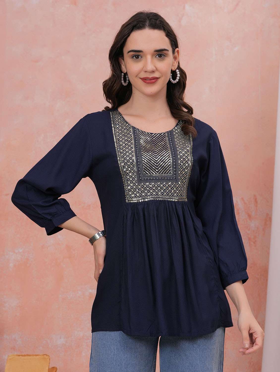 women solid with work three quarter sleeve a-line tunic