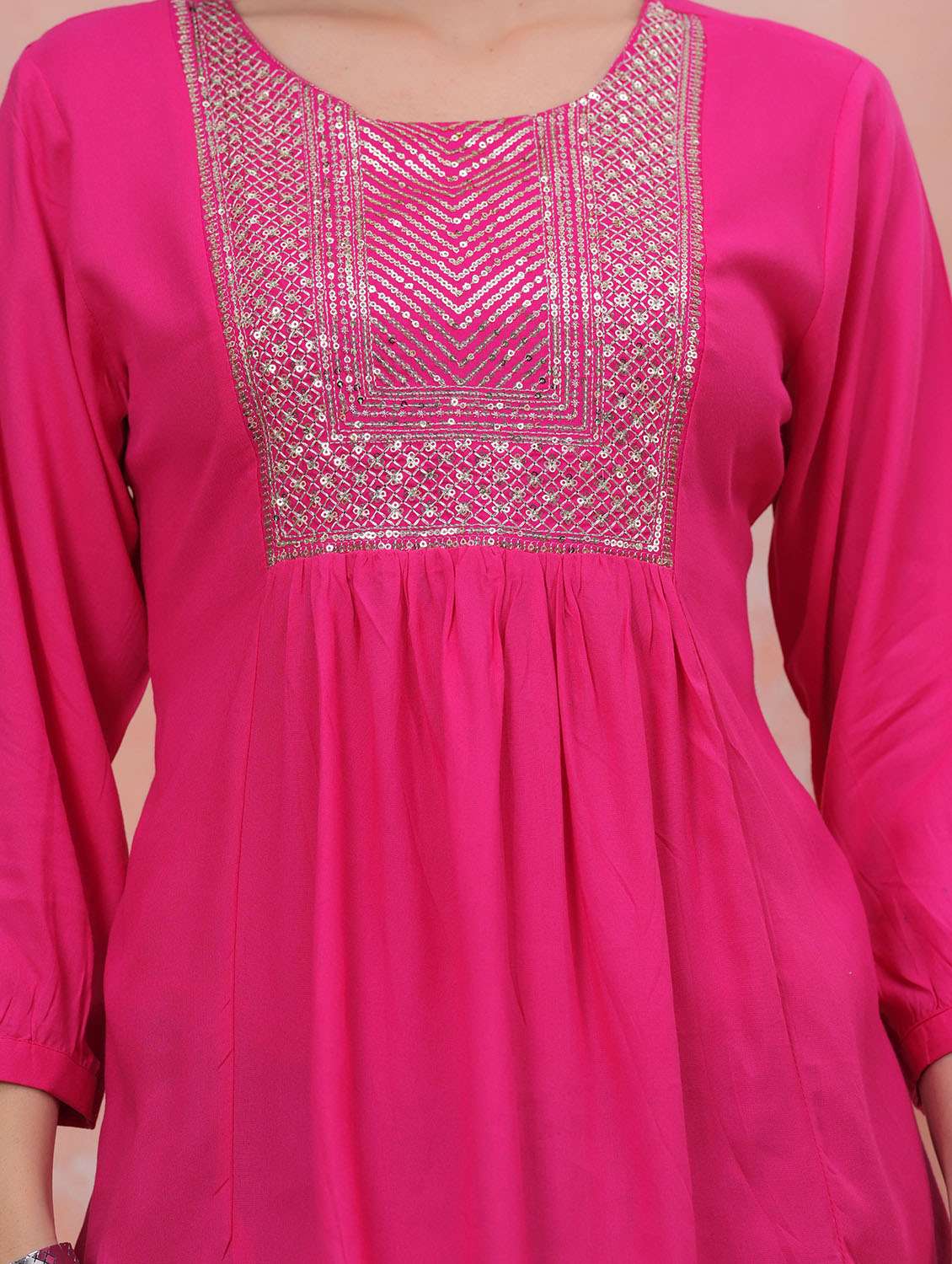 women solid with work three quarter sleeve a-line tunic - 22282373 -  Standard Image - 4