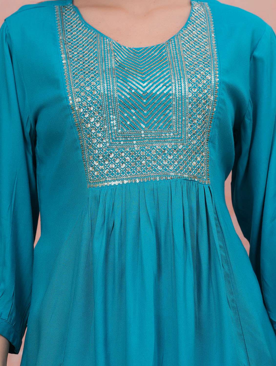 women solid with work three quarter sleeve a-line tunic - 22282374 -  Standard Image - 4