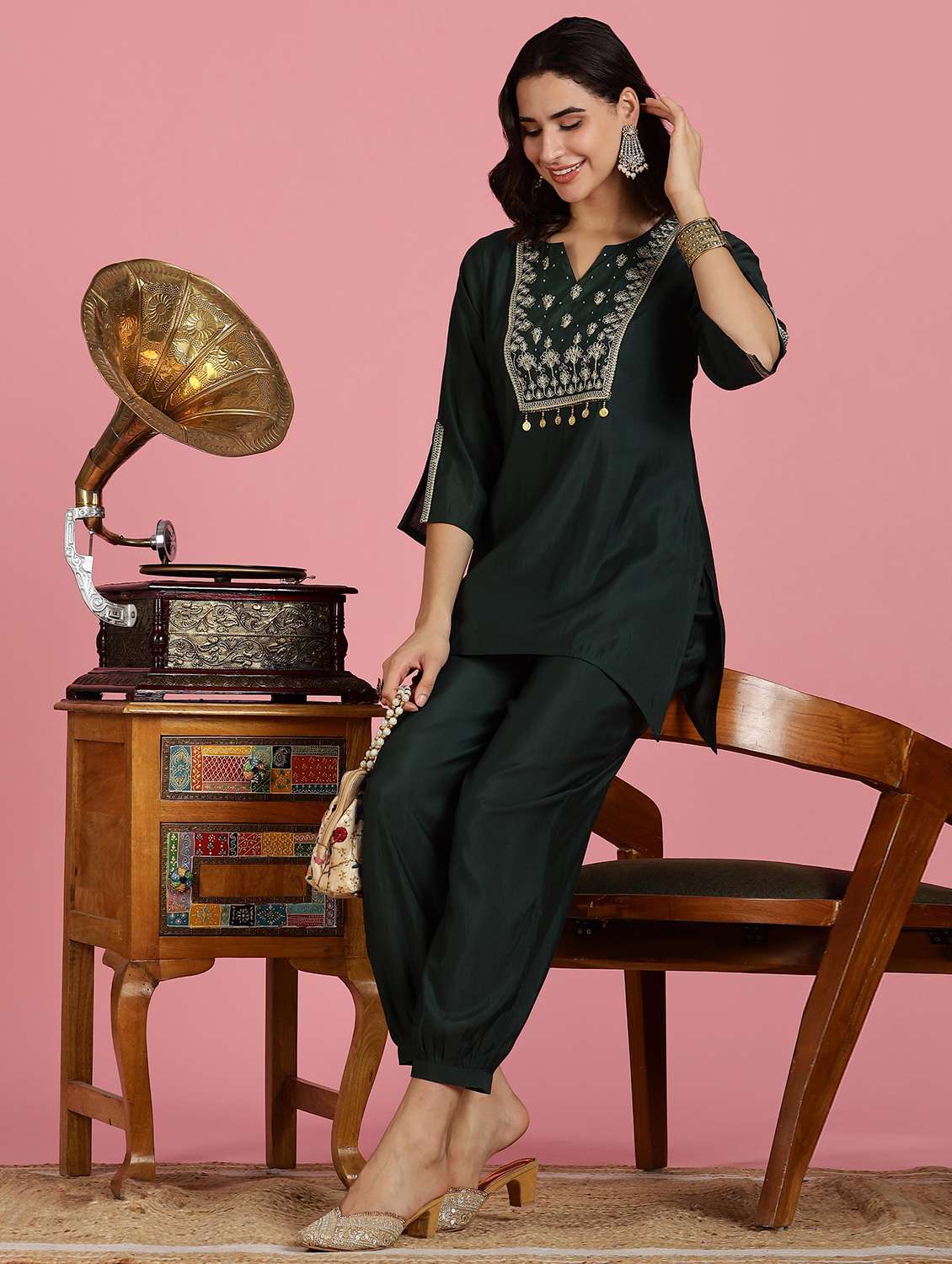 women solid with work three quarter sleeve ethnic co-ord set - 22282394 -  Standard Image - 1