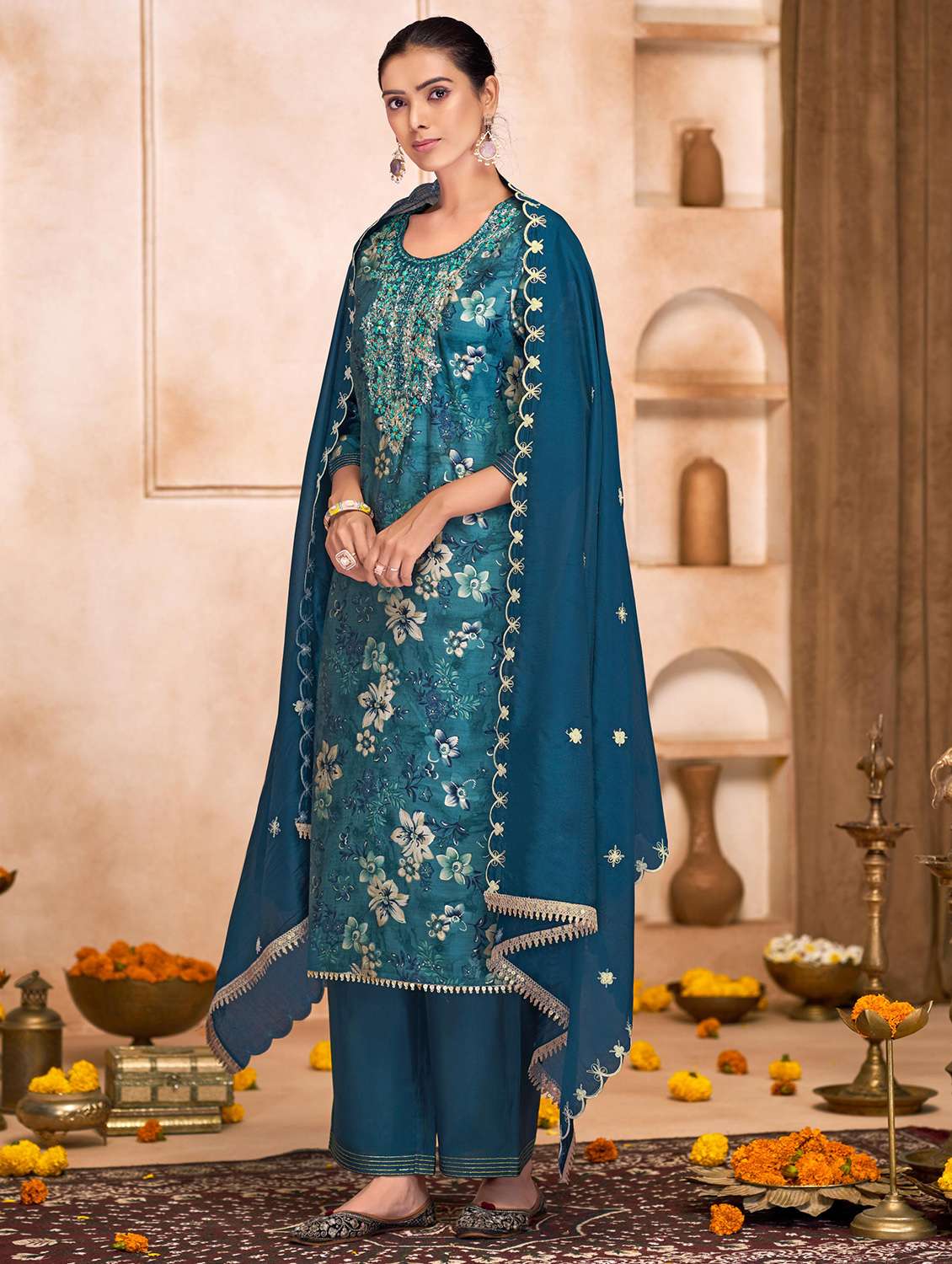 women floral three quarter sleeve kurta pant with dupatta set - 22282398 -  Standard Image - 1