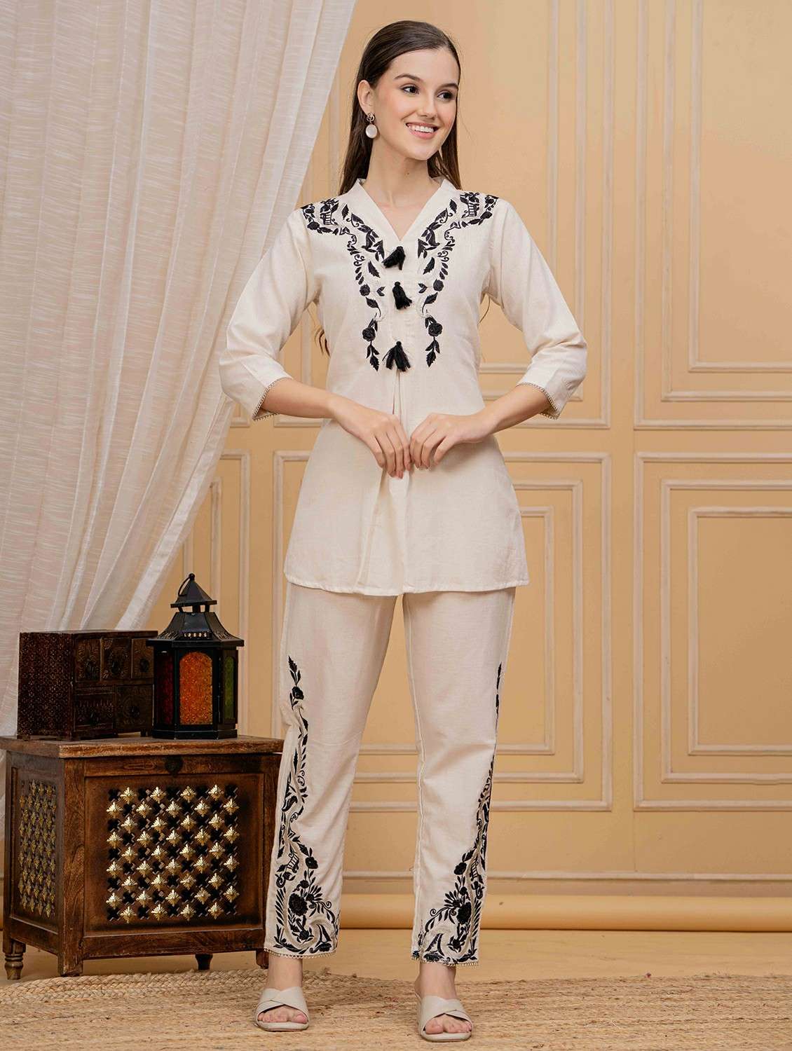 women embroidered three quarter sleeve co-ord set