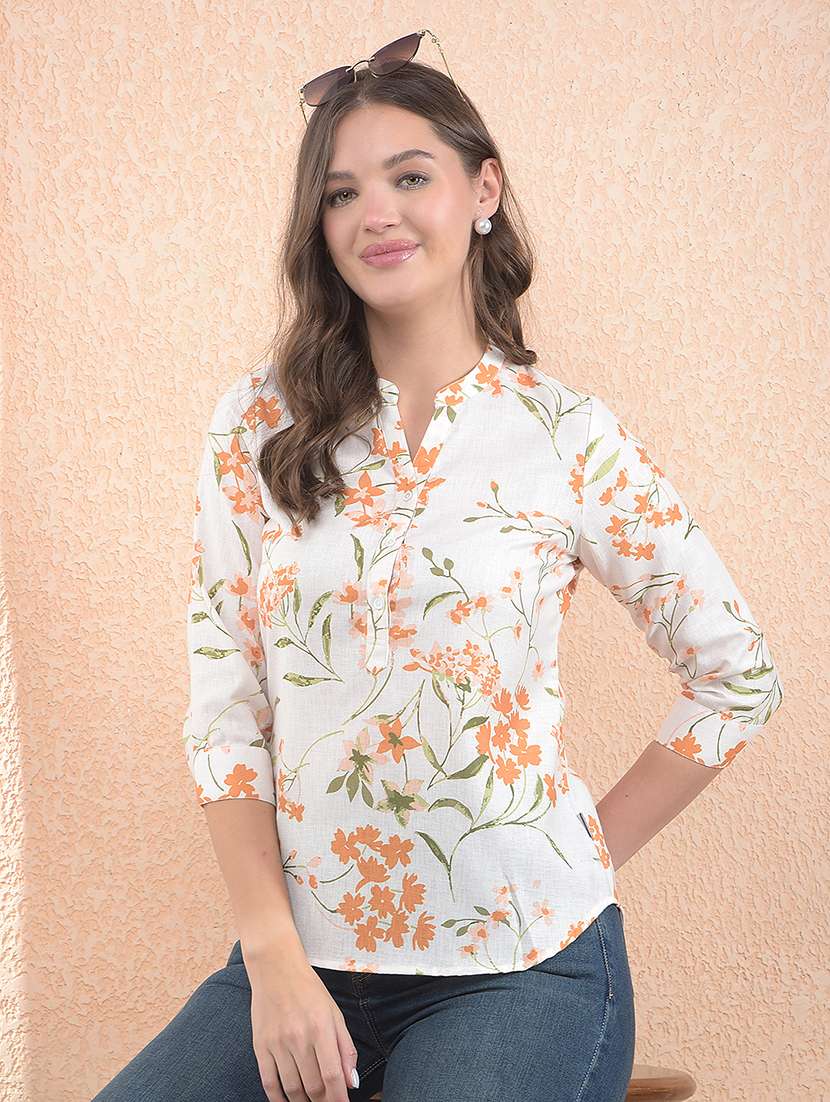 women printed three quarter sleeve regular top