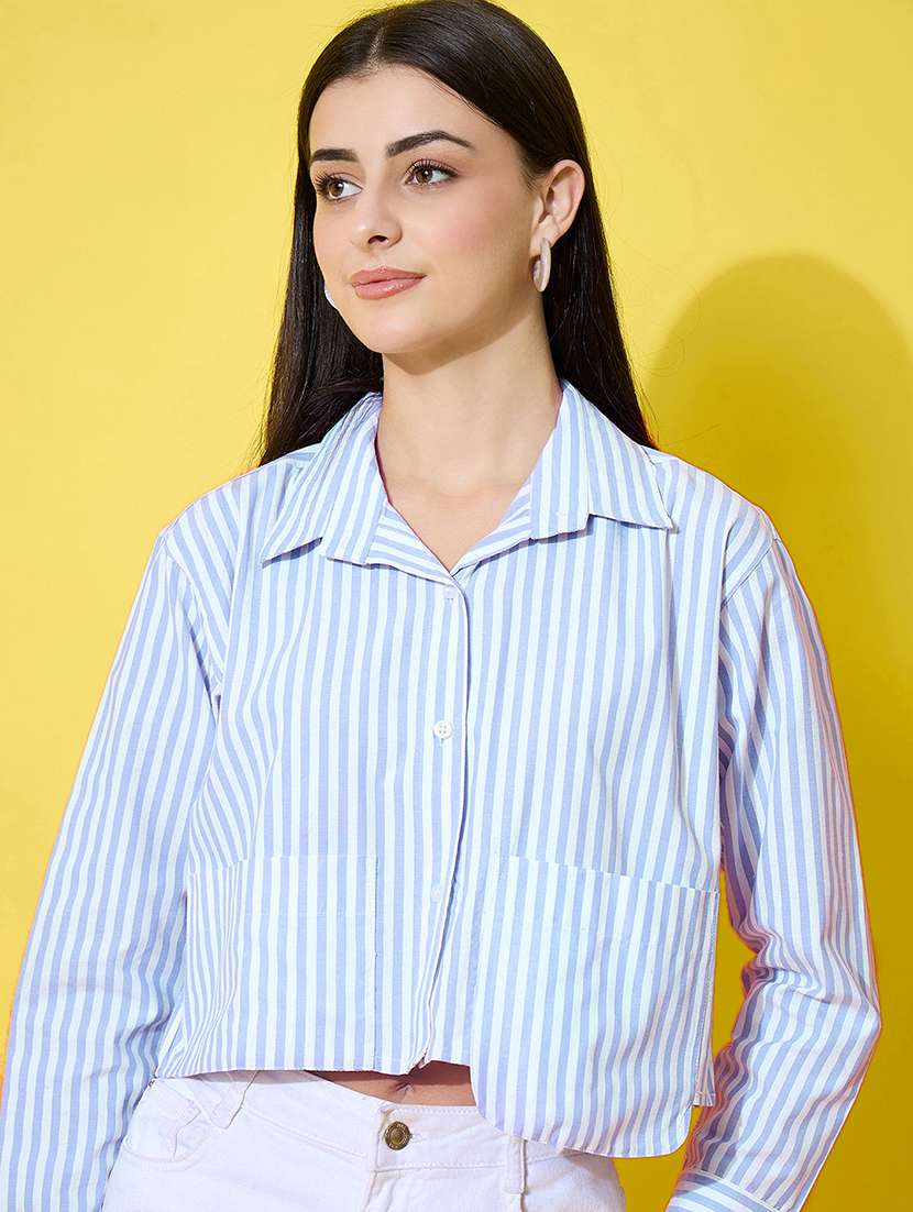 women striped collared long sleeve crop shirt - 22283664 -  Standard Image - 1