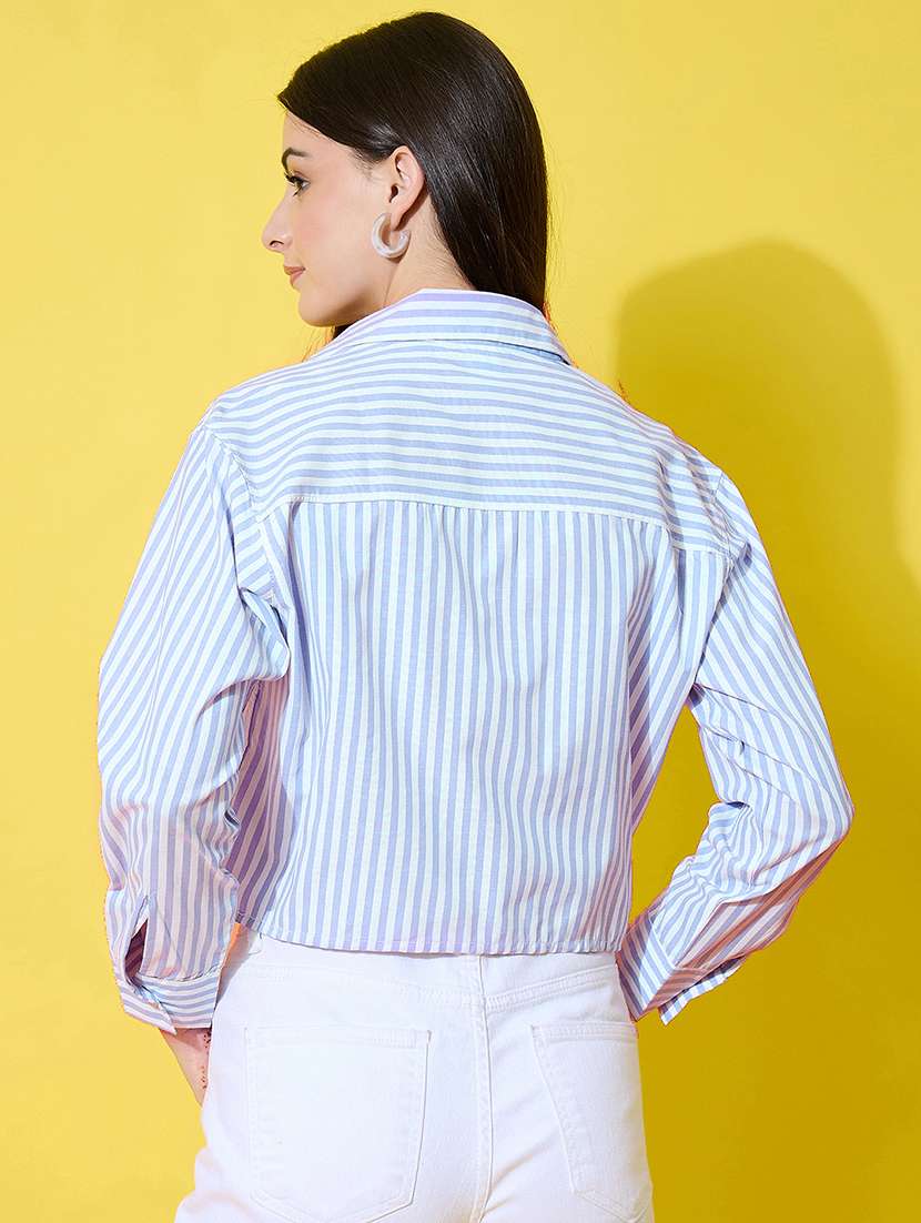 women striped collared long sleeve crop shirt - 22283664 -  Standard Image - 4