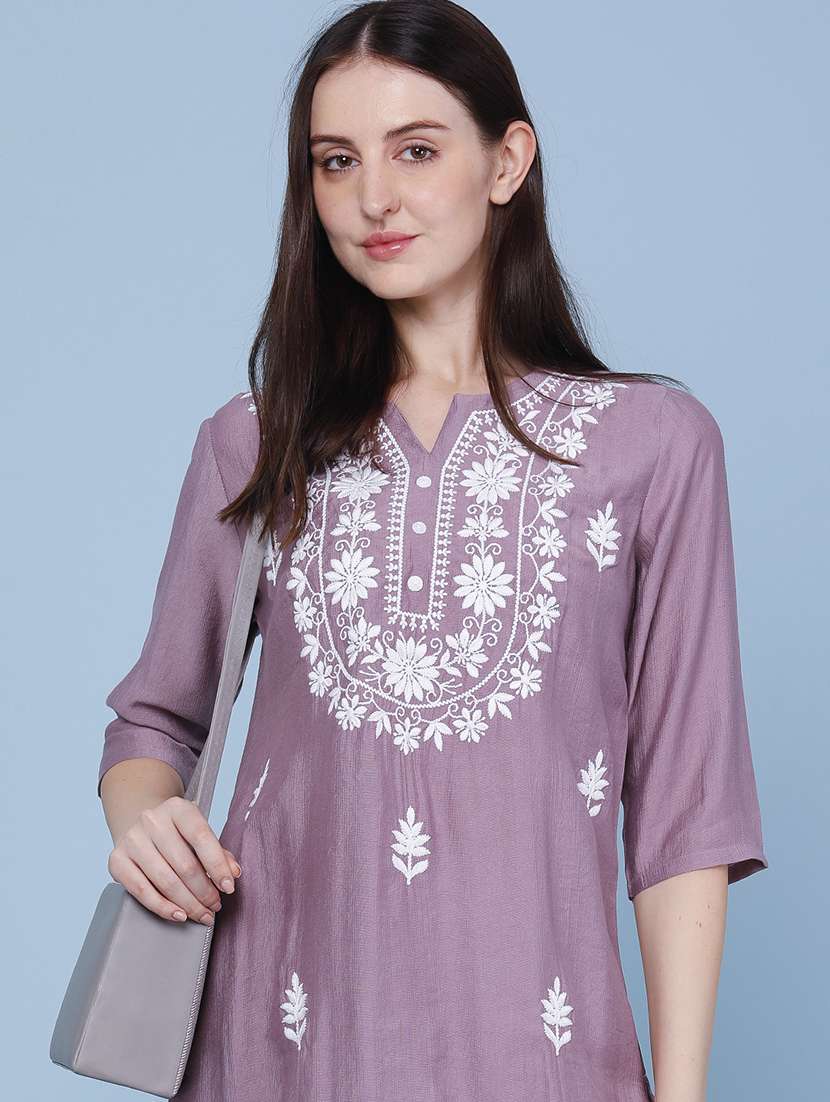 women embroidered three quarter sleeves straight kurta - 22284491 -  Standard Image - 1