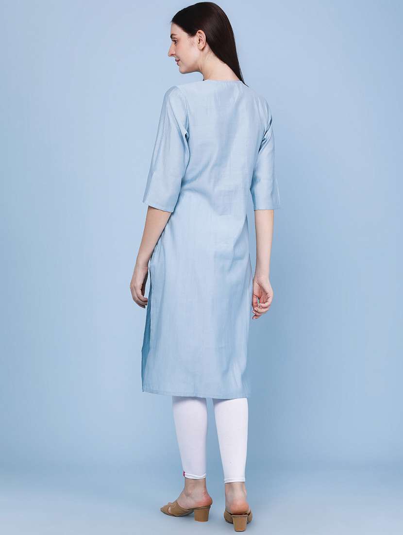 women embroidered three quarter sleeves straight kurta - 22284493 -  Standard Image - 4