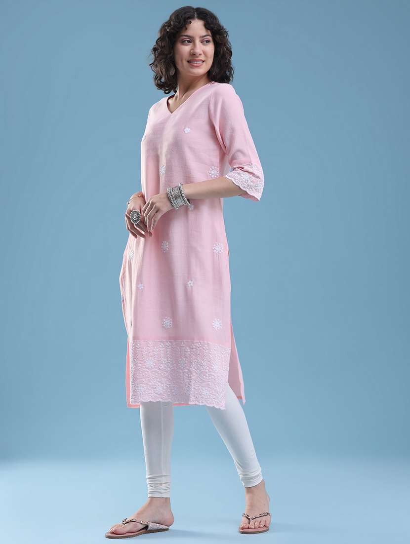 women embroidered three quarter sleeves straight kurta  - 22284495 -  Standard Image - 4