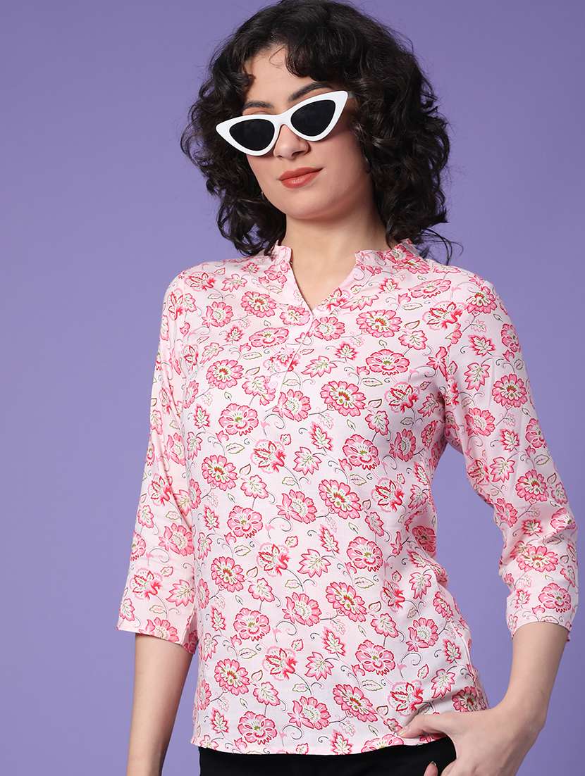 women floral print three quarter sleeve straight top - 22284956 -  Standard Image - 1