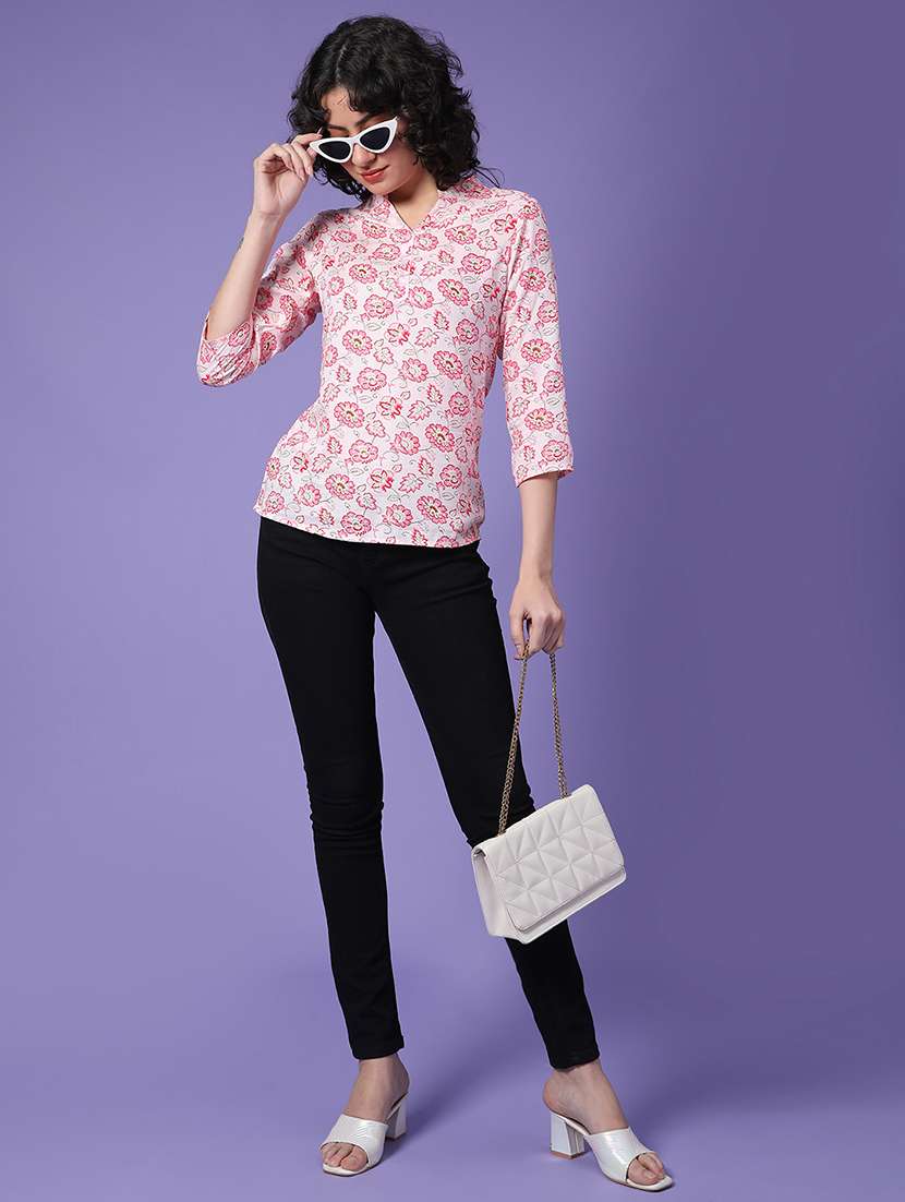 women floral print three quarter sleeve straight top - 22284956 -  Standard Image - 4