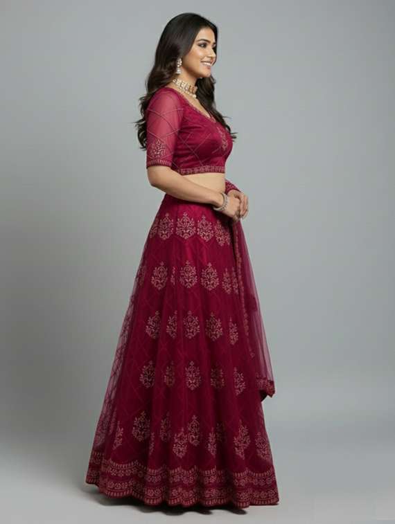 women solid with work semi stitched flared lehenga - 22285354 -  Standard Image - 1