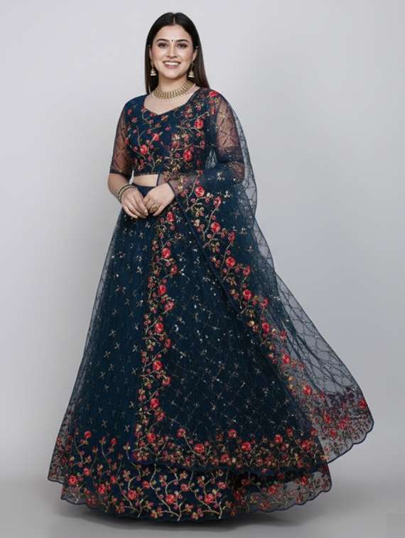 women solid with work semi-stitched flared lehenga