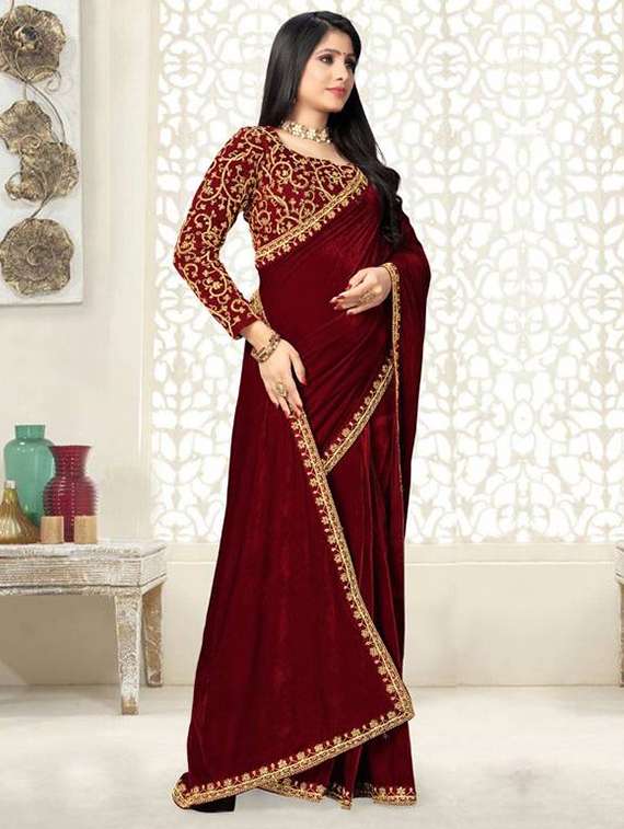 women solid with embroidered bordered saree with blouse - 22285393 -  Standard Image - 1