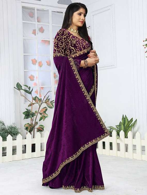 women solid with embroidered bordered saree with blouse - 22285396 -  Standard Image - 1