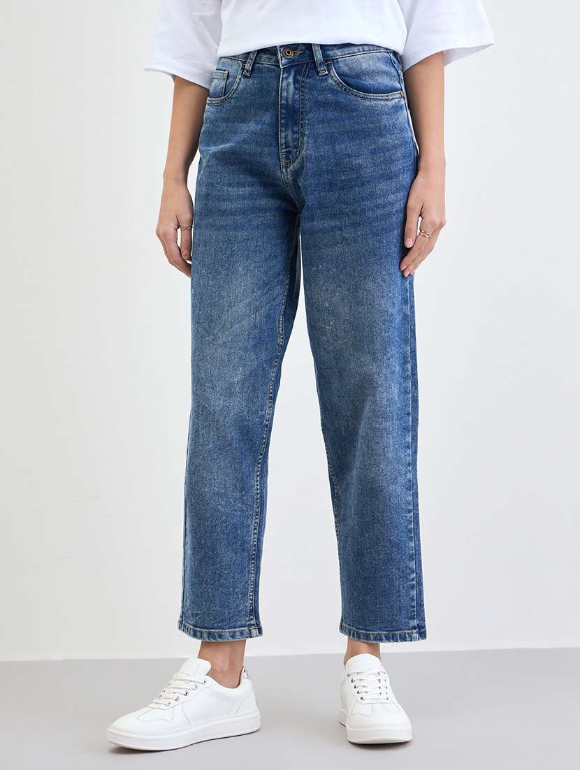women solid high rise straight jean