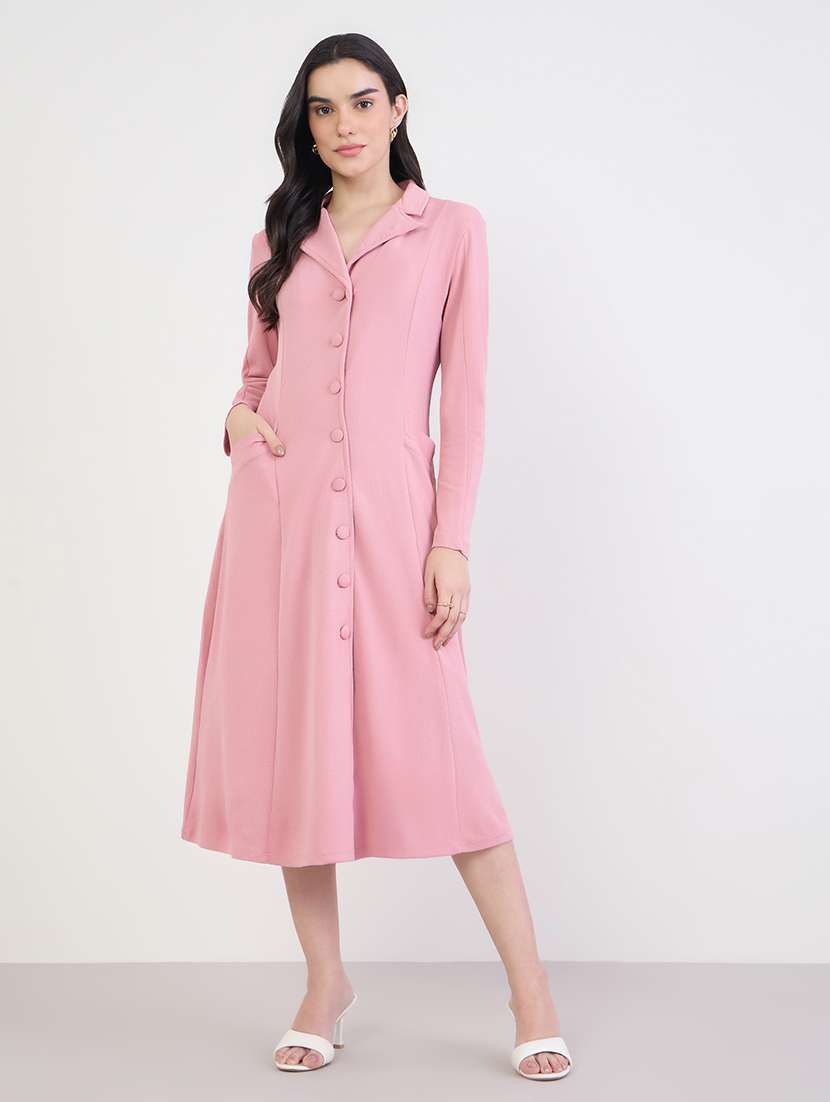 women solid long sleeve a-line dress