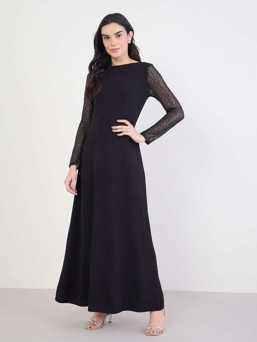 women solid long sleeve a-line dress