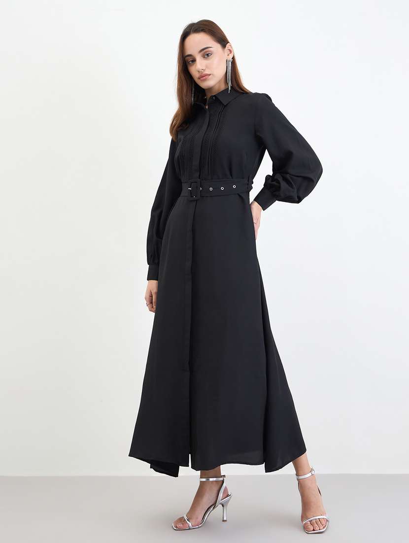 women solid collared puff sleeve shirt dress - 22285409 -  Standard Image - 1