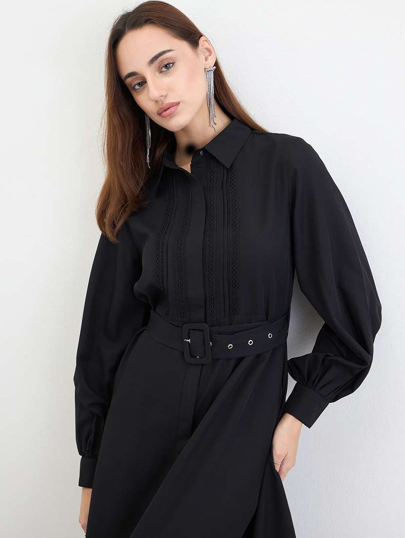 women solid collared puff sleeve shirt dress - 22285409 -  Standard Image - 4