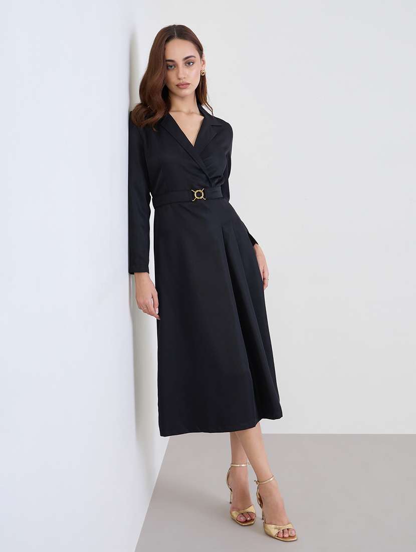 women solid lapel neck long sleeve wrap dress - 22285412 -  Standard Image - 1