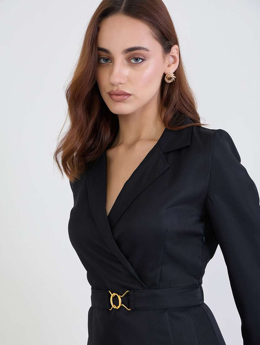 women solid lapel neck long sleeve wrap dress - 22285412 -  Standard Image - 4