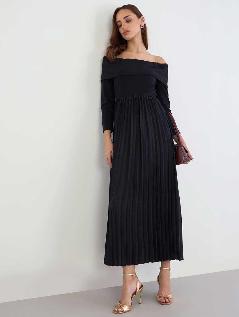 women solid off shoulder fit & flare dress - 22285413 -  Standard Image - 1