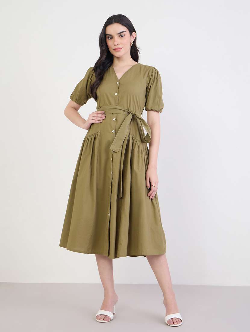 women solid puff sleeve fit & flare dress - 22285415 -  Standard Image - 1