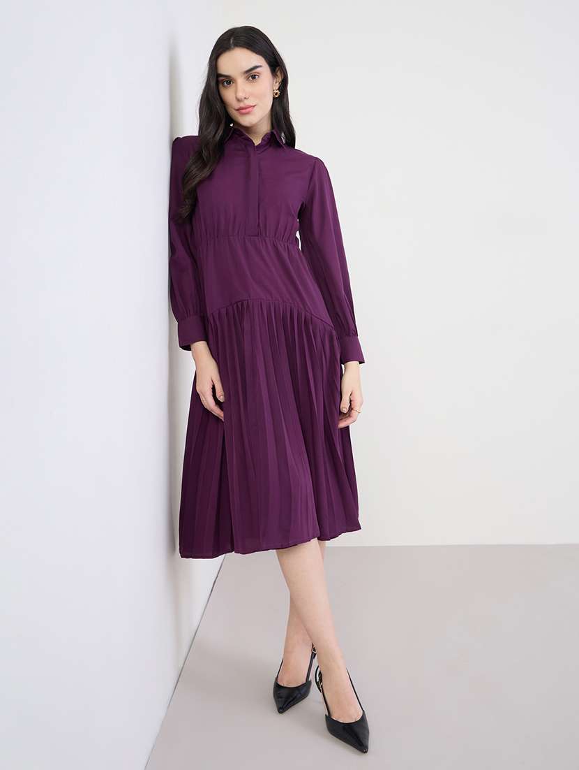 women solid collared puff sleeve a-line dress