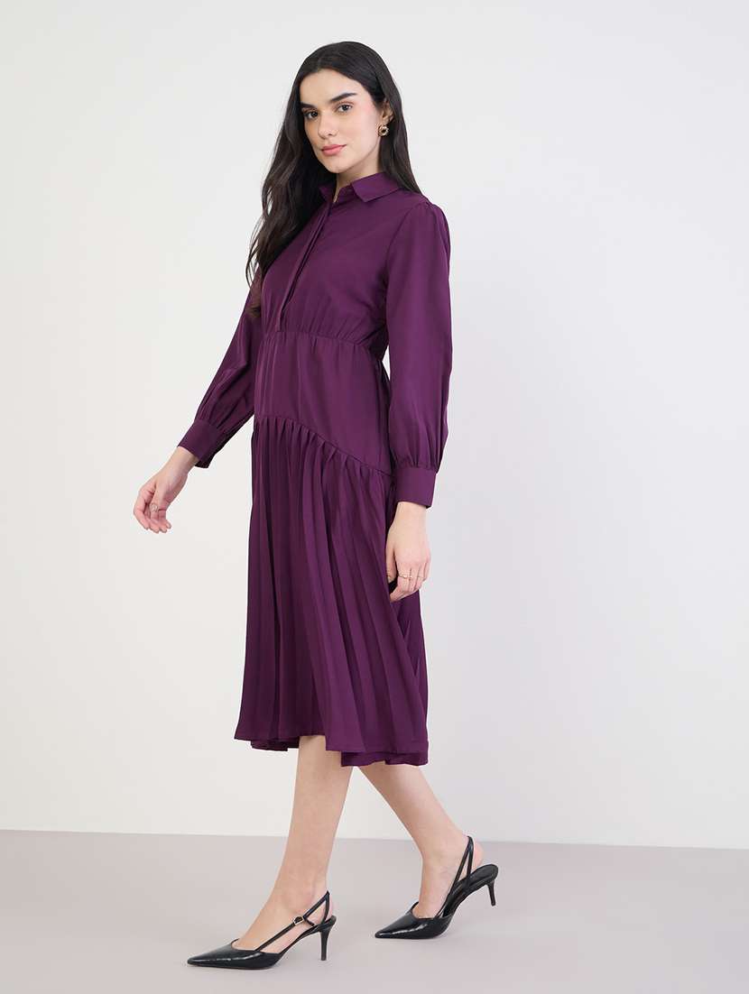 women solid collared puff sleeve a-line dress - 22285417 -  Standard Image - 1