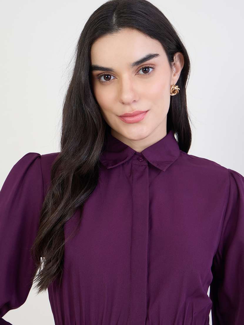 women solid collared puff sleeve a-line dress - 22285417 -  Standard Image - 4