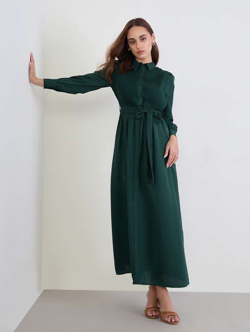 women solid collared long sleeve a-line dress - 22285420 -  Standard Image - 1