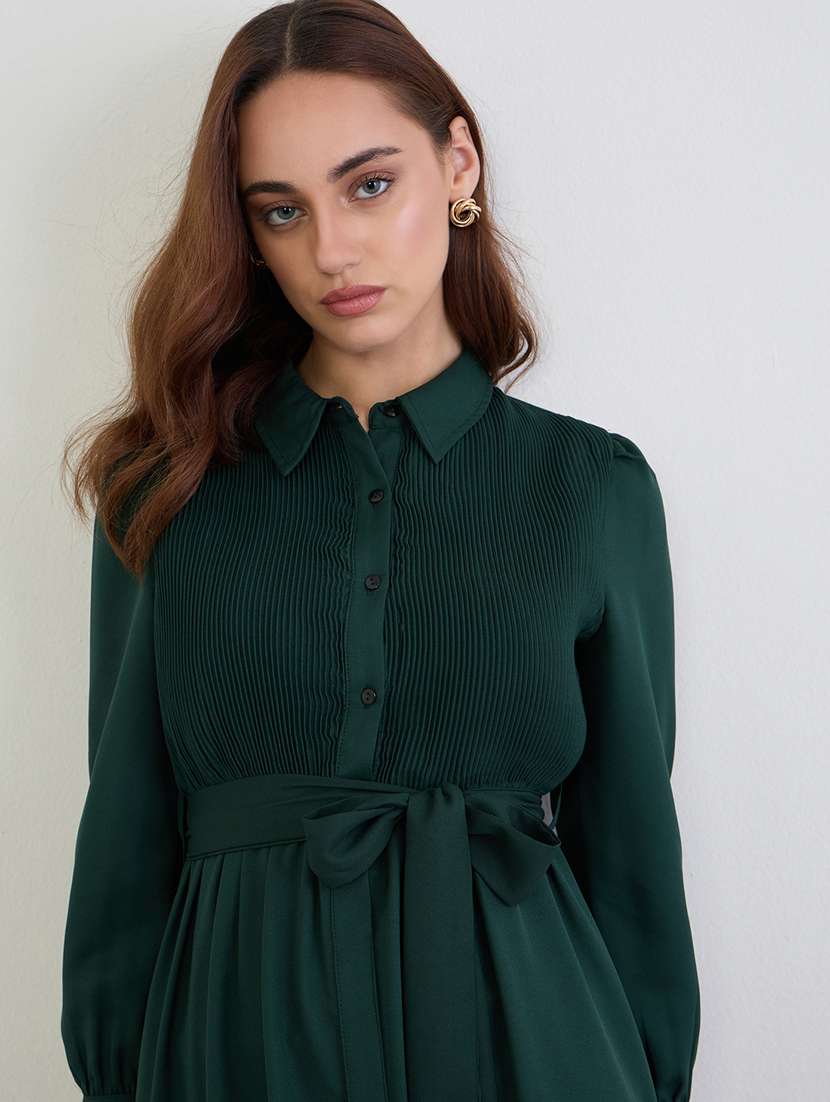 women solid collared long sleeve a-line dress - 22285420 -  Standard Image - 4