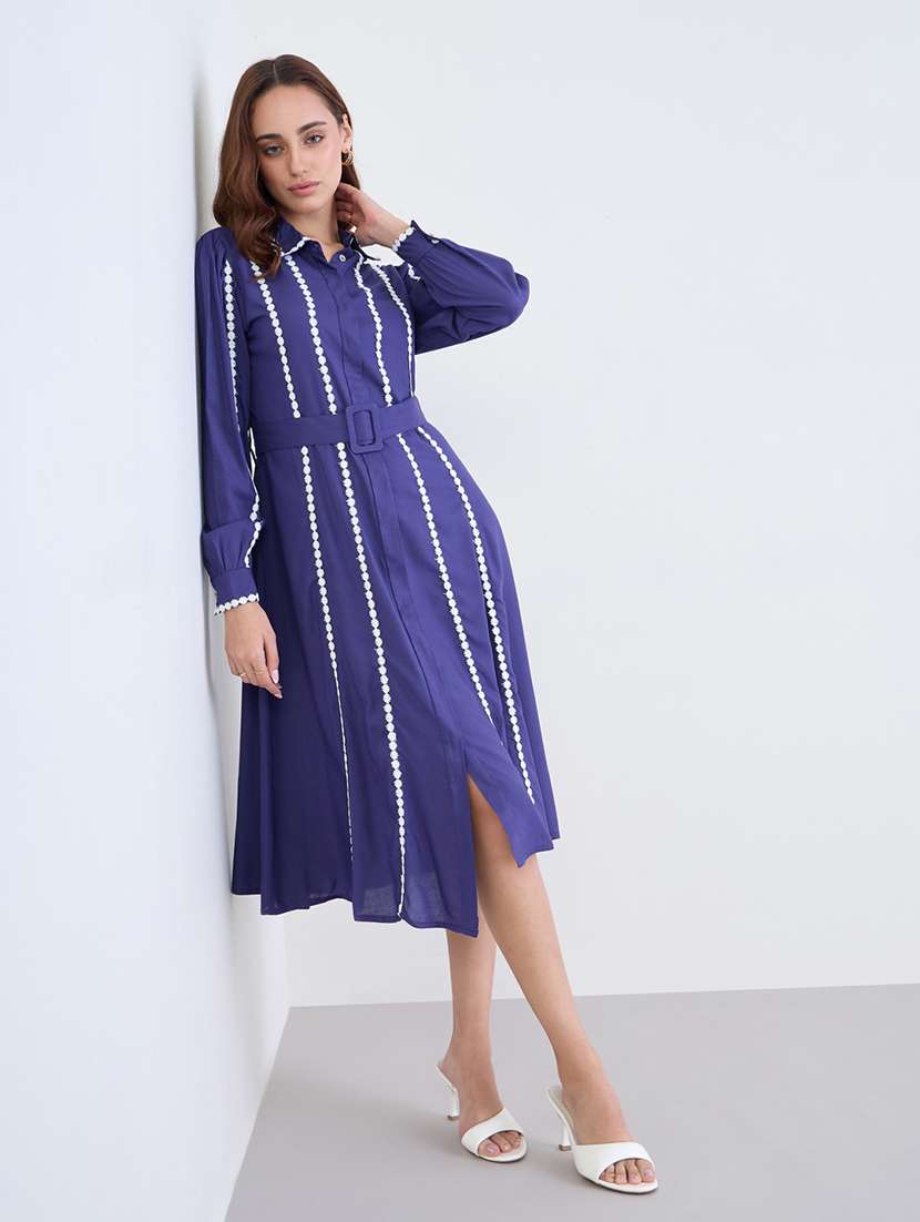women solid collared puff sleeve a-line dress - 22285421 -  Standard Image - 1