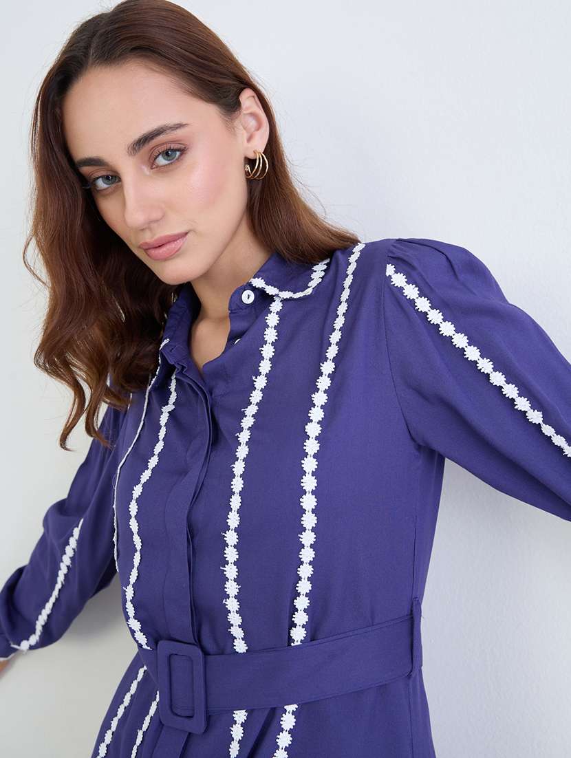 women solid collared puff sleeve a-line dress - 22285421 -  Standard Image - 4