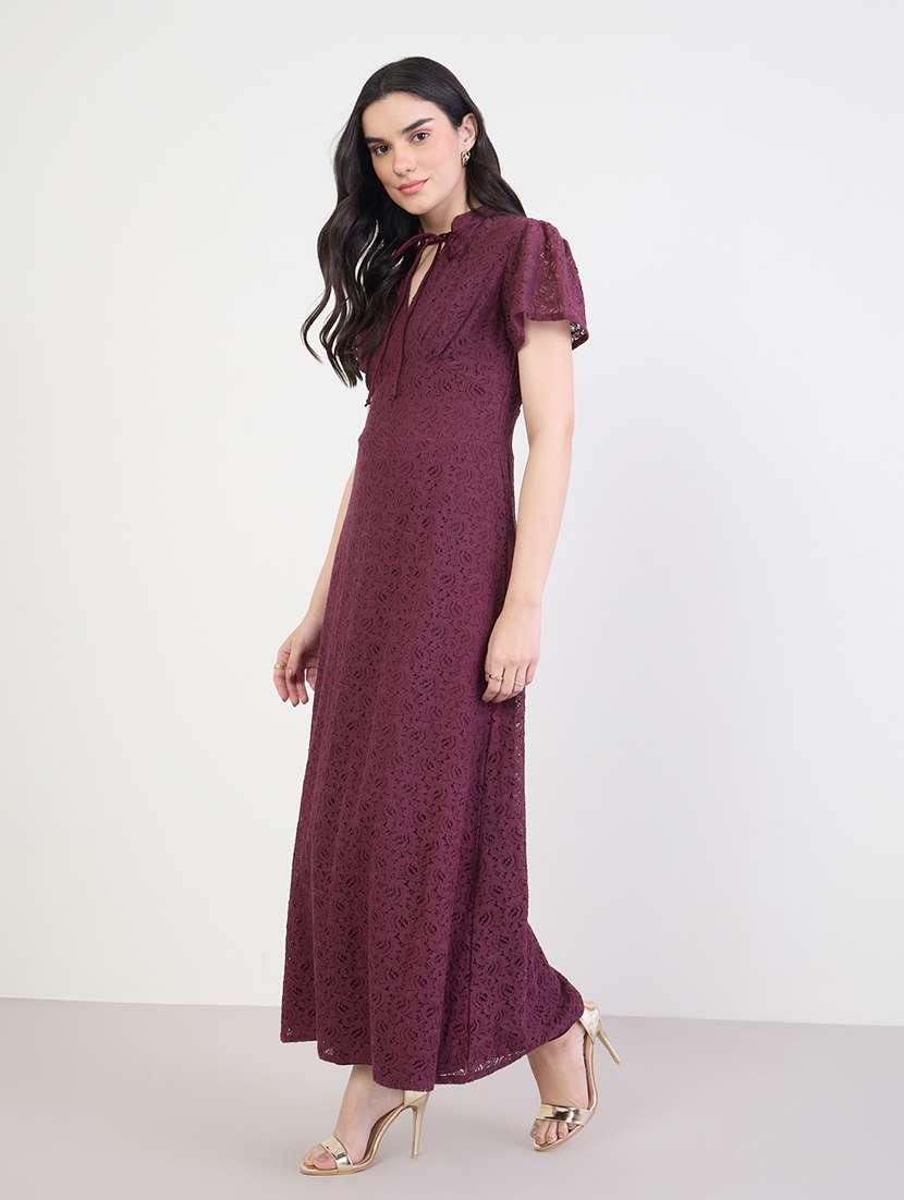 women solid short sleeve lace a-line dress - 22285423 -  Standard Image - 1