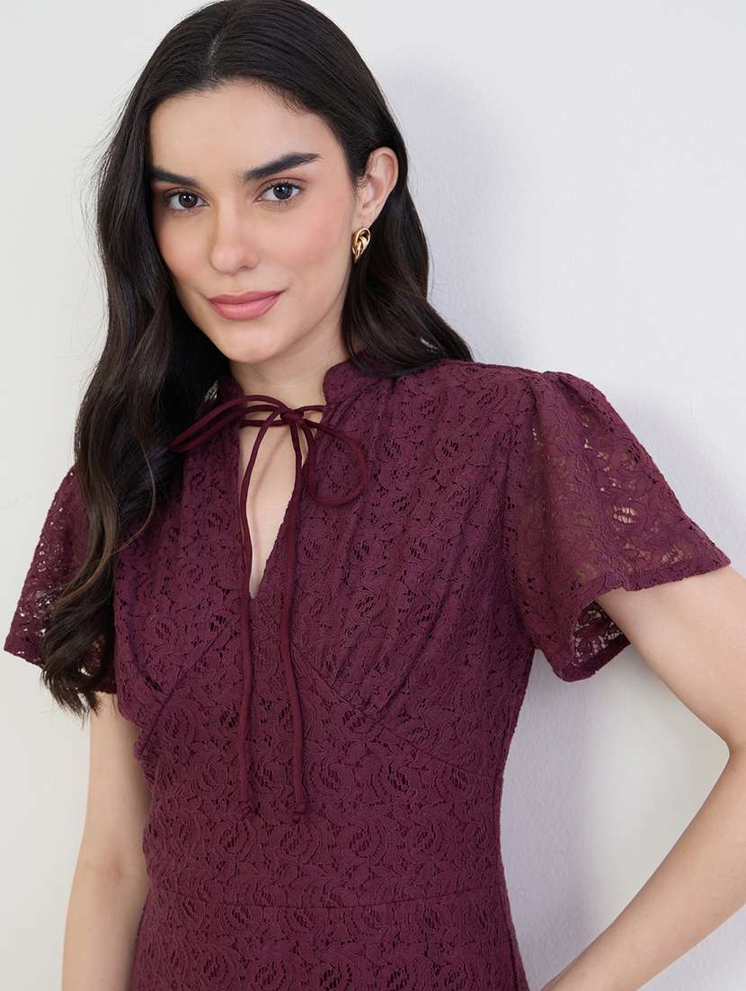women solid short sleeve lace a-line dress - 22285423 -  Standard Image - 4